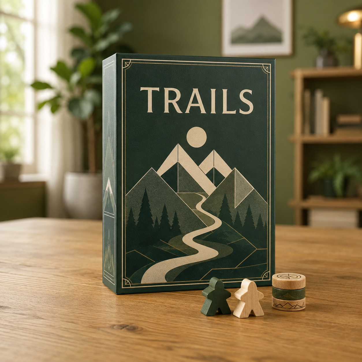 Forest green TRAILS board game box with wooden playing pieces