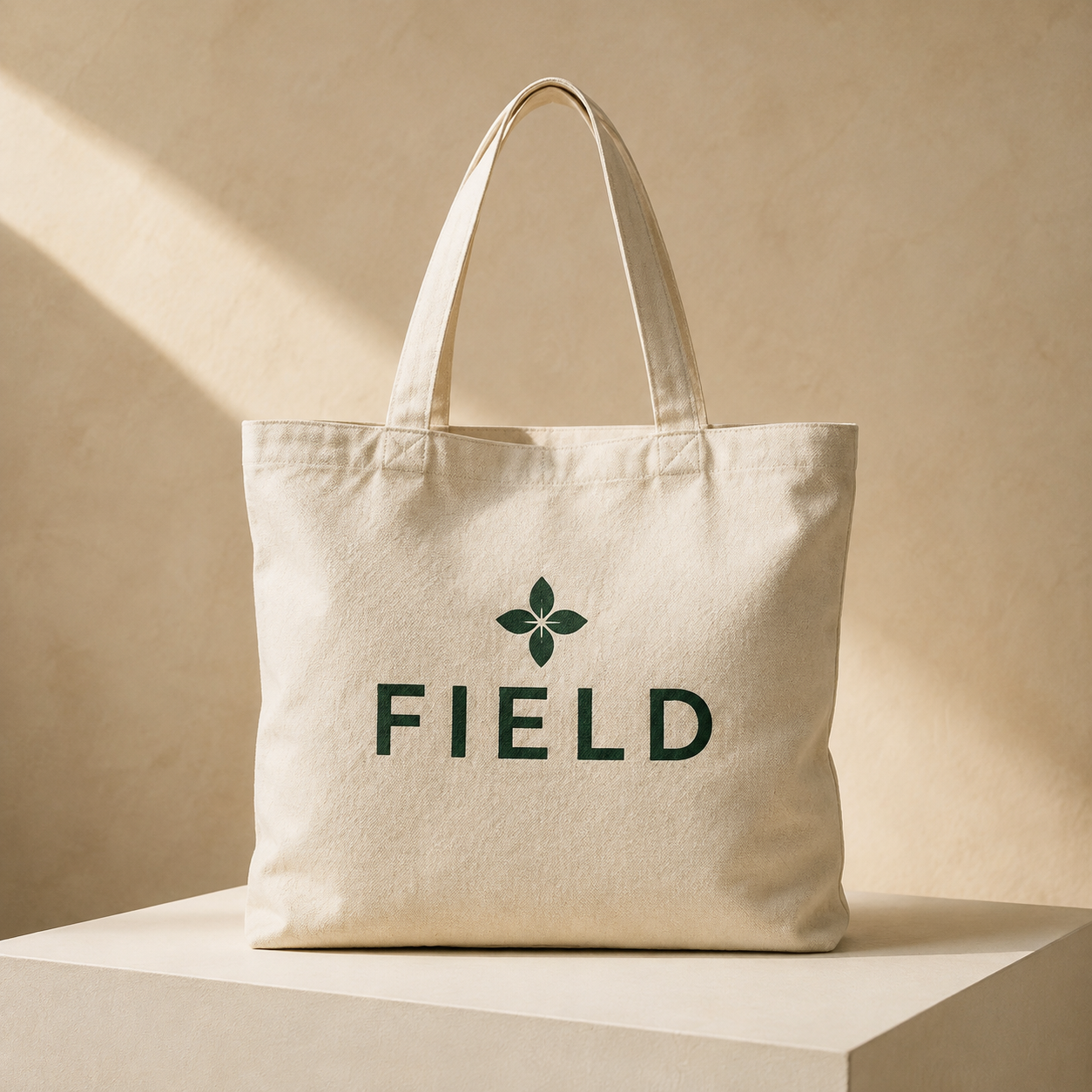 Cream canvas tote with a forest green FIELD logo