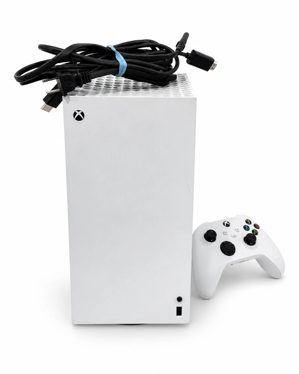 AI-styled example of the same white Xbox console, controller, and cables on a clean-white studio background