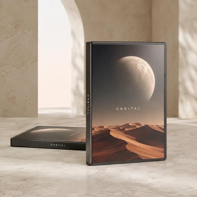 Two ORBITAL indie video game cases with illustrated copper dunes on a pale stone tabletop