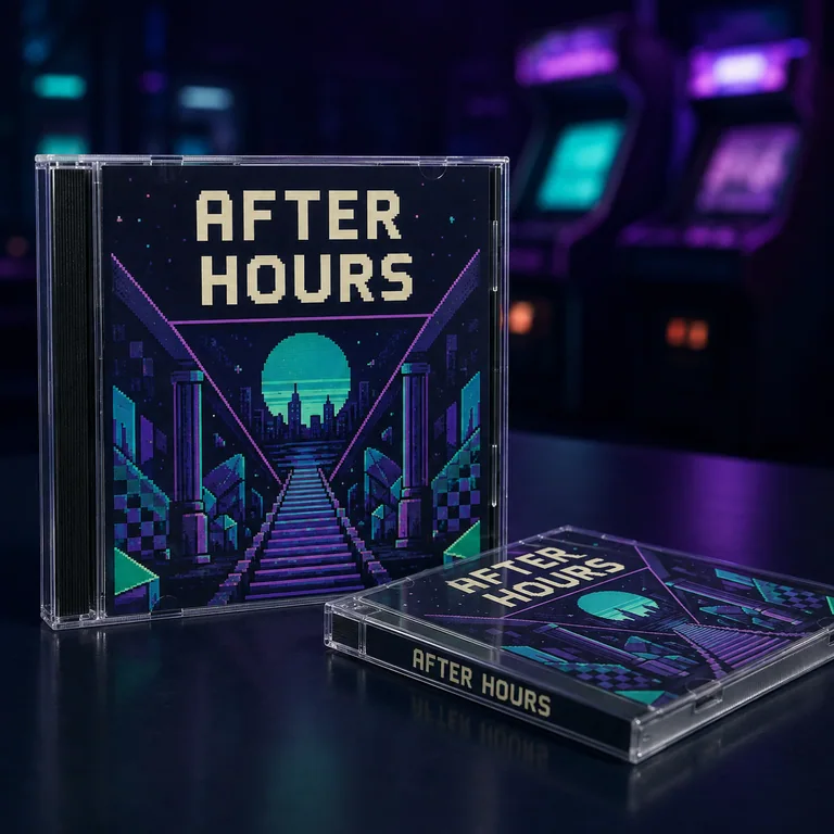 AFTER HOURS retro game jewel cases with violet and teal cover art in a softly glowing arcade scene