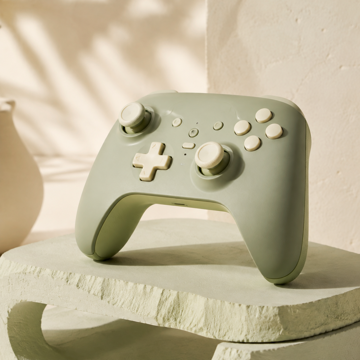 Sage green game controller on a pale stone pedestal