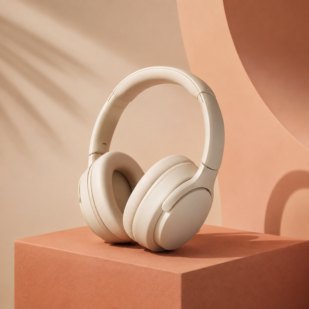 Cream headphones on a terracotta block with a peach backdrop