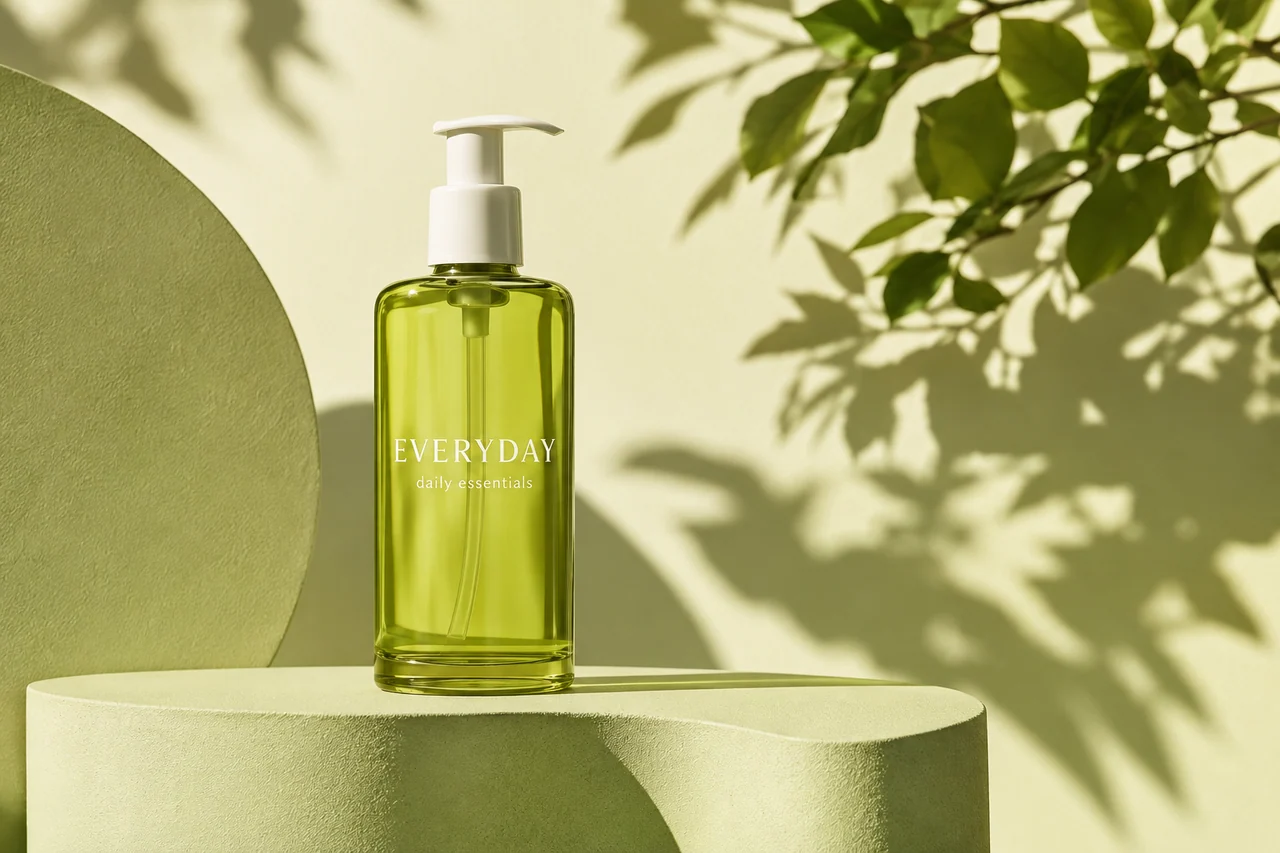 Green EVERYDAY skincare bottle styled in soft sunlight on a sculptural green podium