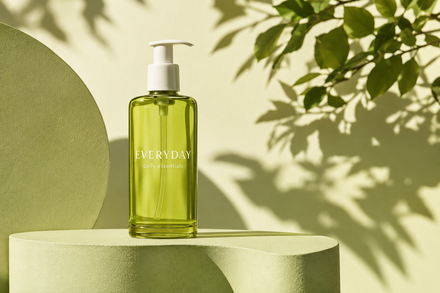 Green EVERYDAY skincare bottle styled in soft sunlight on a sculptural green podium
