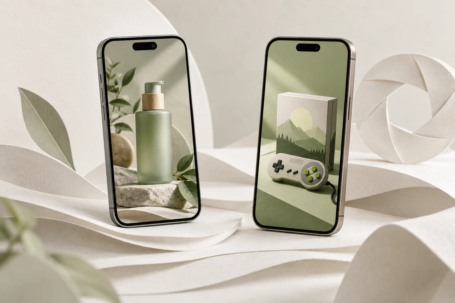 Concept artwork of two phones displaying Product Poser-style product photos on a white paper backdrop
