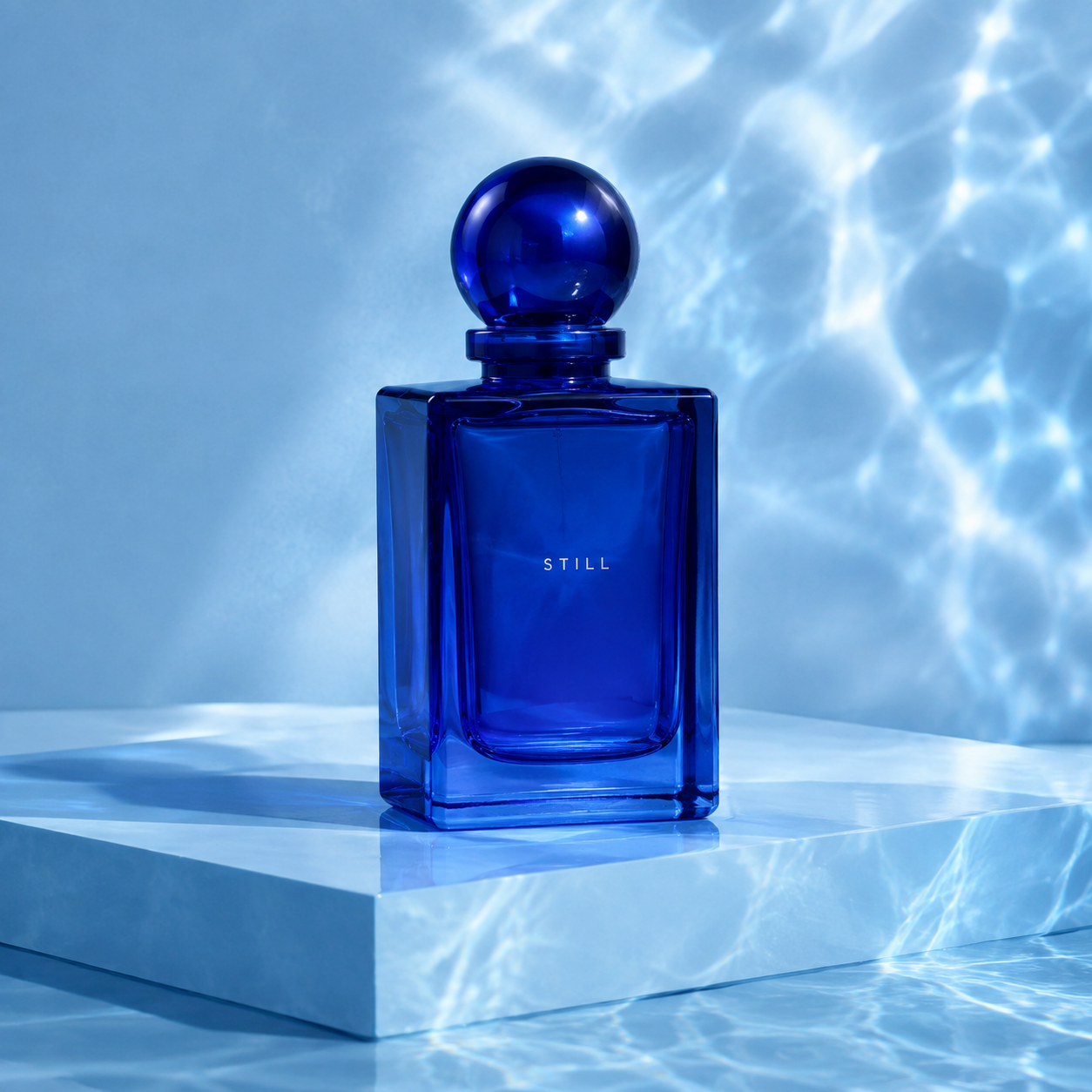 Cobalt blue STILL perfume with water reflections